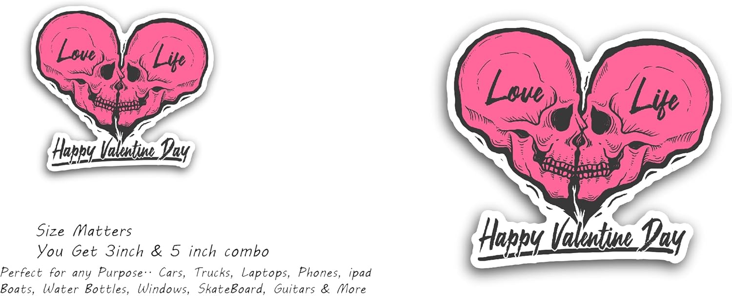 2 (Pieces) 3" and 5" Valentine's Day Skull Sticker, Waterproof Vinyl Decals for Many Purpose Like Cars, Trucks, Laptops, Phones, Windows and More
