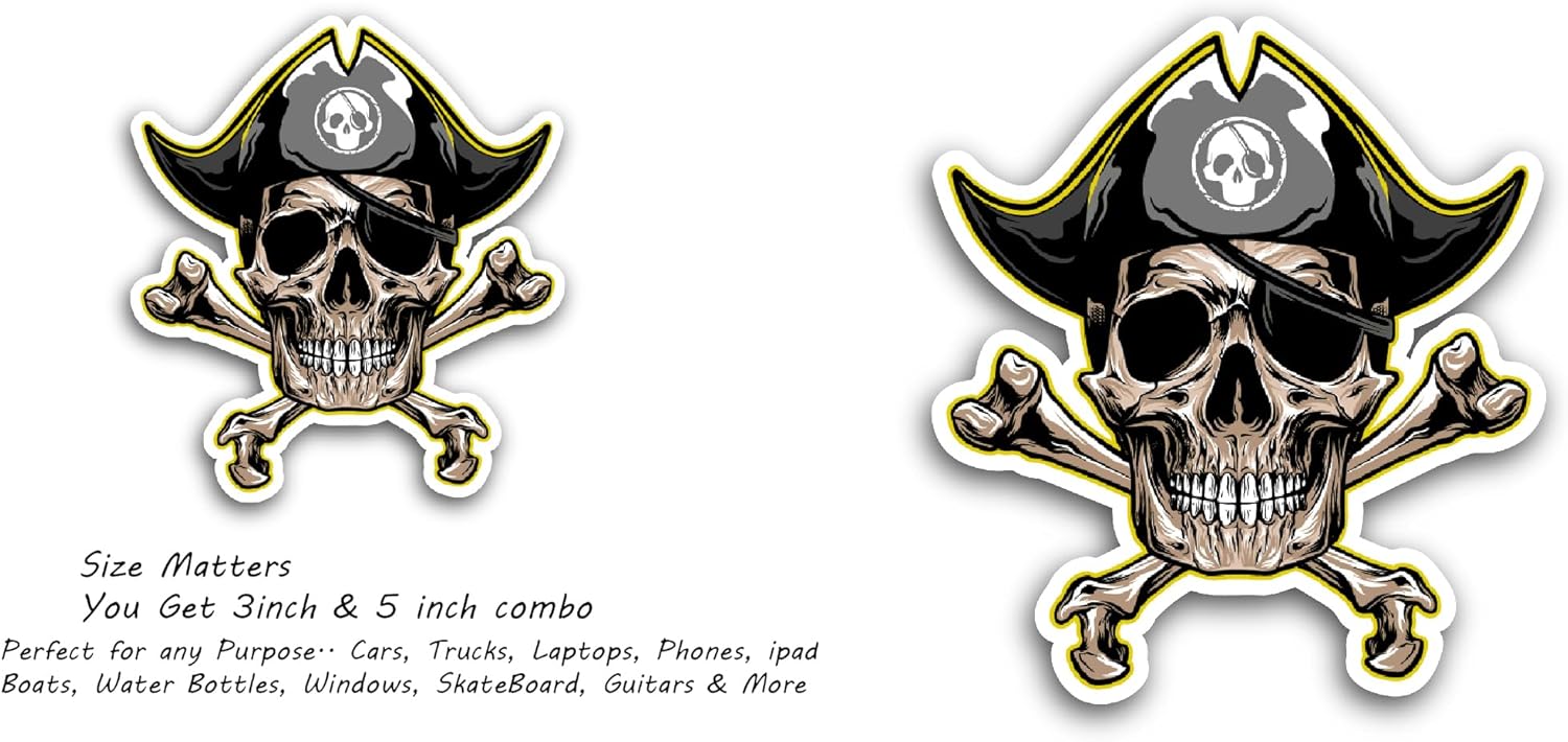 2 (Pieces) 3" and 5" Pirate Skull with Hat Sticker, Waterproof Vinyl Decals for Many Purpose Like Cars, Trucks, Laptops, Phones, Windows and More
