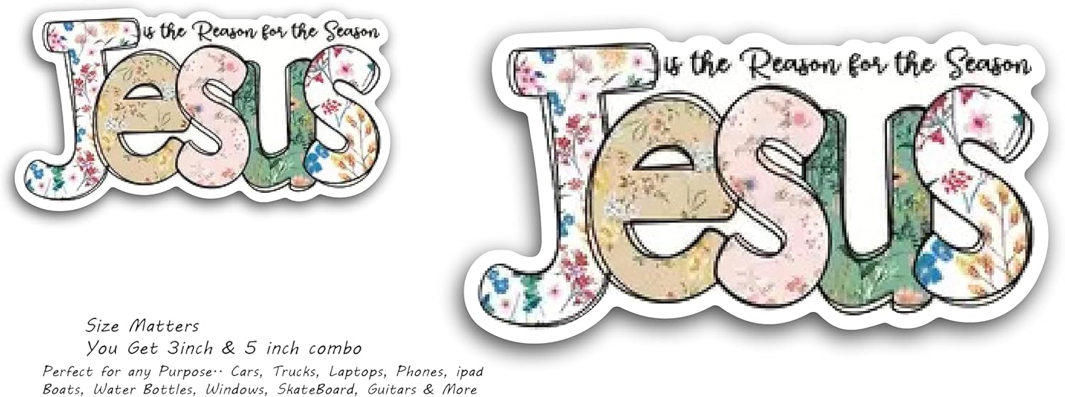 2 (Pieces) 3" and 5" Jesus is The Reason for The Season Decal Sticker, Waterproof Vinyl Decals for Many Purpose Like Cars, Trucks, Laptops, Phones, Windows and More