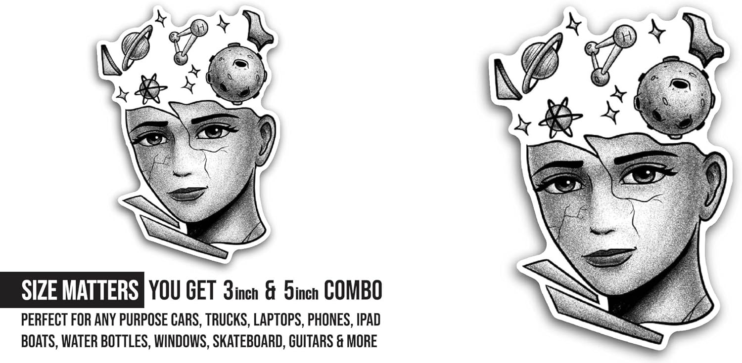 2 (Pieces) 3" and 5" Head and Planets Sticker, Waterproof Vinyl Decals for Many Purpose Like Cars, Trucks, Laptops, Phones, Windows and More