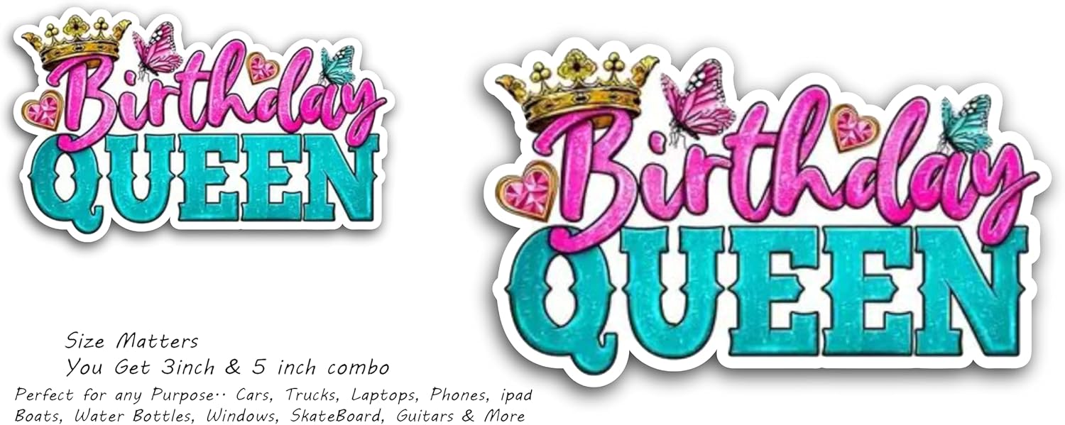 2 (Pieces) 3" and 5" Birthday Queen with a crownDecal Sticker, Waterproof Vinyl Decals for Many Purpose Like Cars, Trucks, Laptops, Phones, Windows and More