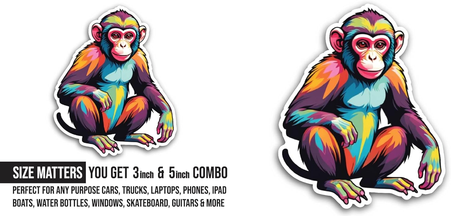 2 (Pieces) 3" and 5" Cute Colorful Chimpanzee Sticker, Waterproof Vinyl Decals for Many Purpose Like Cars, Trucks, Laptops, Phones, Windows and More