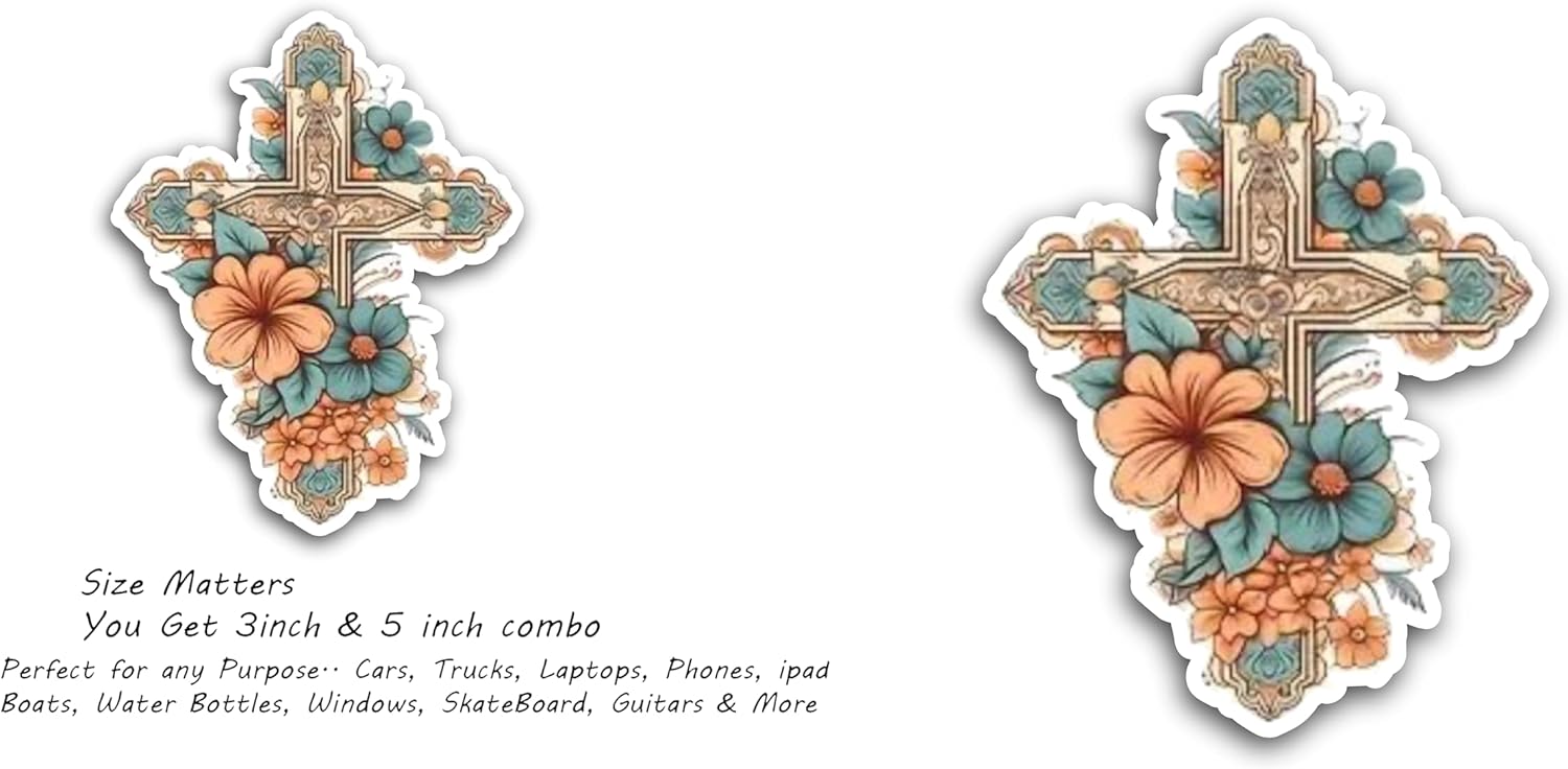 2 (Pieces) 3" and 5" Cross with Flowers Decal Sticker,Waterproof Vinyl Decals for Many Purpose Like Cars, Trucks, Laptops, Phones, Windows and More