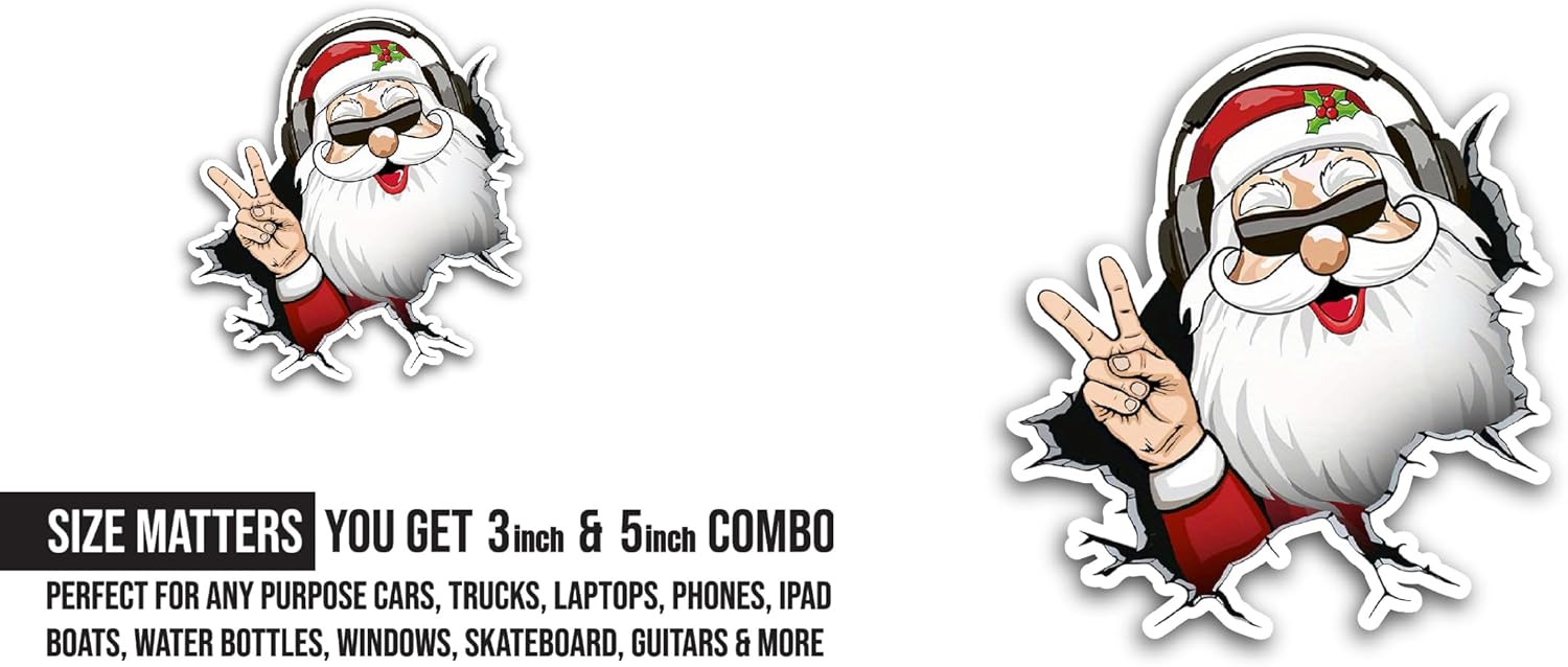2 (Pieces) 3" and 5" Christmas Santa in Sunglasses Sticker, Waterproof Vinyl Decals for Many Purpose Like Cars, Trucks, Laptops, Phones, Windows and More