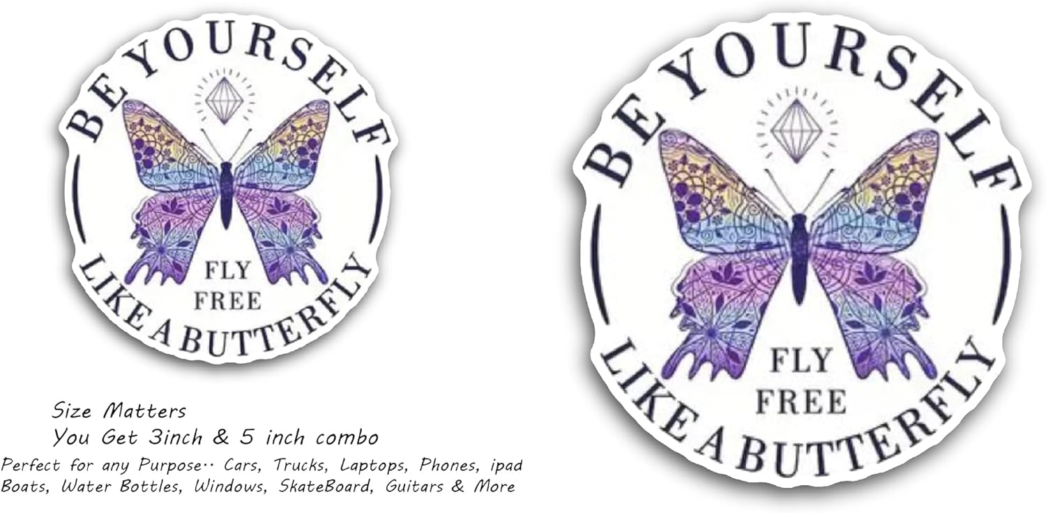 2 (Pieces) 3" and 5" Be Yourself Butterfly Mandala Sticker, Waterproof Vinyl Decals for Many Purpose Like Cars, Trucks, Laptops, Phones, Windows and More