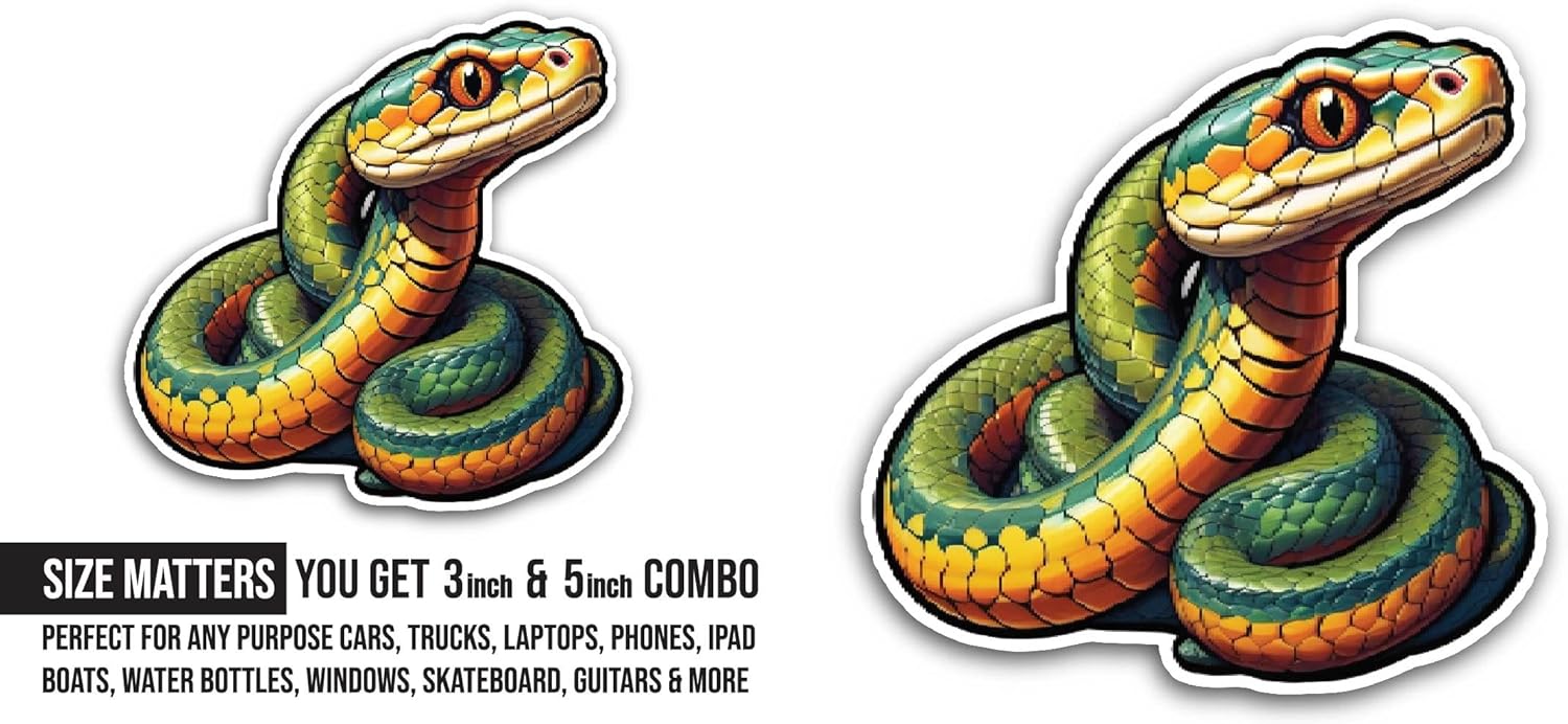 2 (Pieces) 3" and 5" Green Snake Sticker, Waterproof Vinyl Decals for Many Purpose Like Cars, Trucks, Laptops, Phones, Windows and More