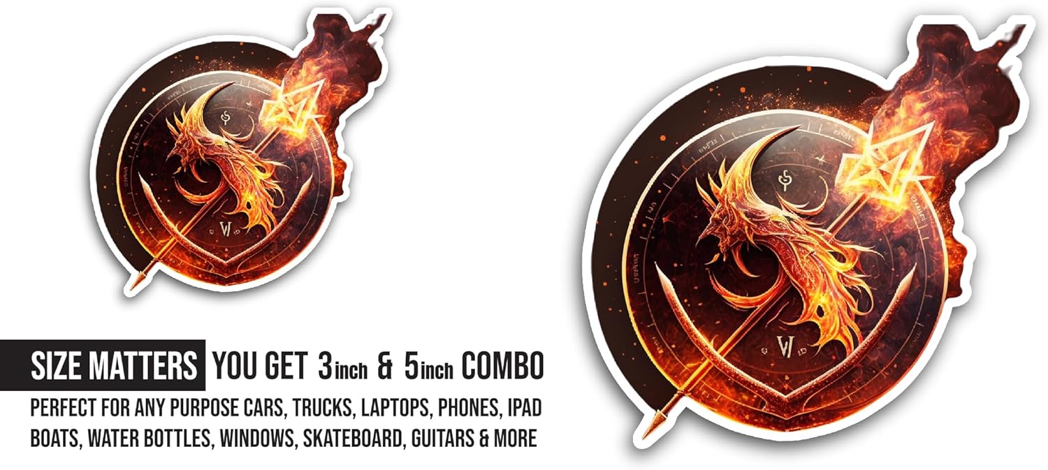 2 (Pieces) 3" and 5" Fire Dragon Sticker, Waterproof Vinyl Decals for Many Purpose Like Cars, Trucks, Laptops, Phones, Windows and More