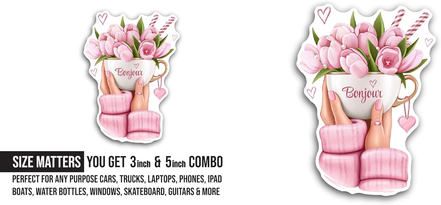 2 (Pieces) 3" and 5" Pink Flowers Sticker, Waterproof Vinyl Decals for Many Purpose Like Cars, Trucks, Laptops, Phones, Windows and More
