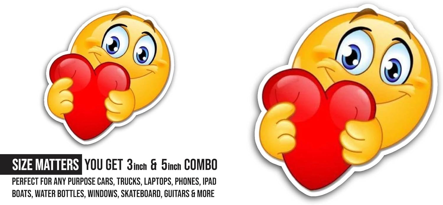 2 (Pieces) 3" and 5" Yellow Face with Heart Sticker, Waterproof Vinyl Decals for Many Purpose Like Cars, Trucks, Laptops, Phones, Windows and More