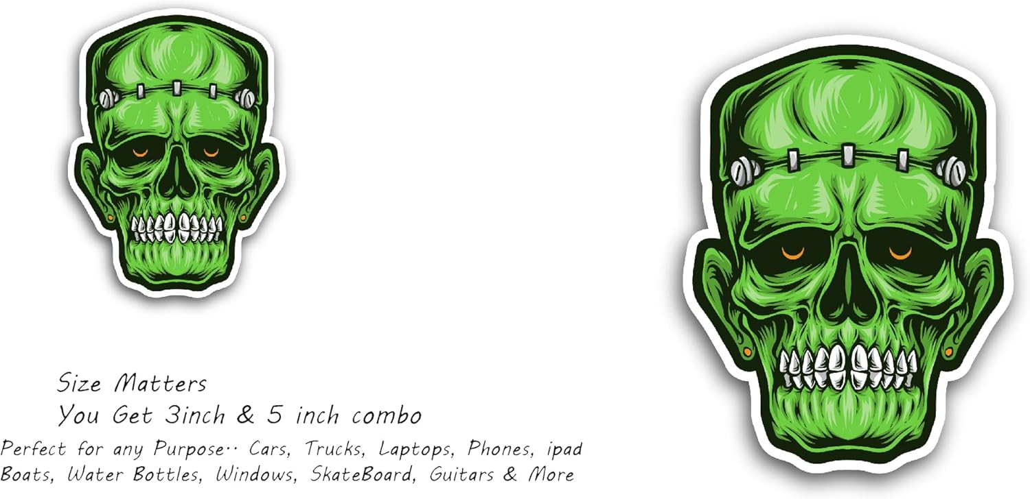 2 (Pieces) 3" and 5" Frankenstein SkullSticker, Waterproof Vinyl Decals for Many Purpose Like Cars, Trucks, Laptops, Phones, Windows and More