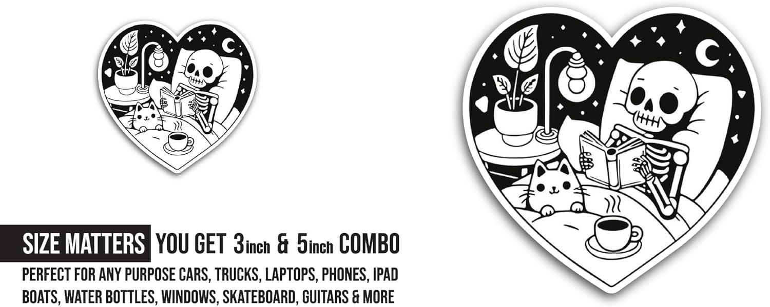2 (Pieces) 3" and 5" Skeleton and Cat Sticker, Waterproof Vinyl Decals for Many Purpose Like Cars, Trucks, Laptops, Phones, Windows and More
