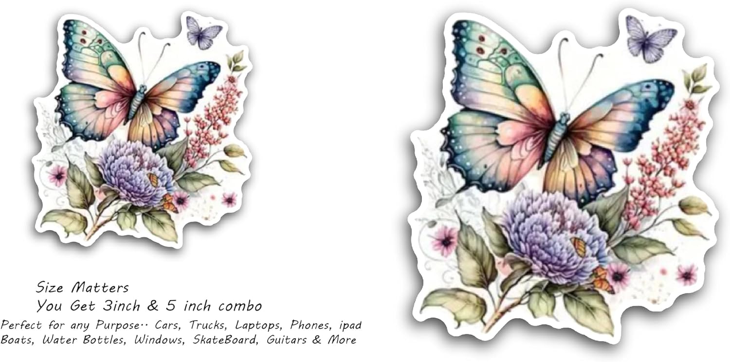 2 (Pieces) 3" and 5" Butterfly Floral Sticker, Waterproof Vinyl Decals for Many Purpose Like Cars, Trucks, Laptops, Phones, Windows and More
