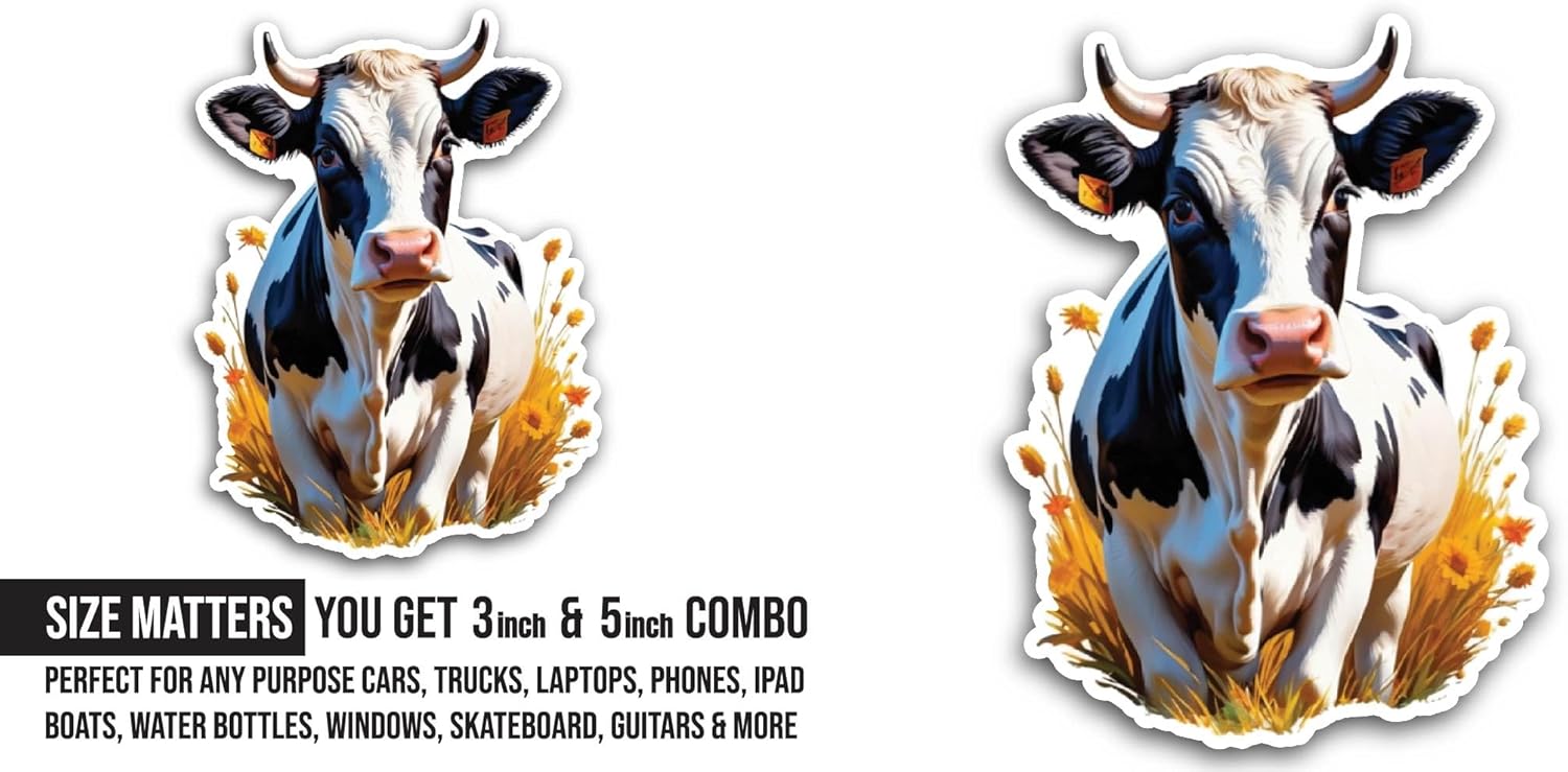 2 (Pieces) 3" and 5" Cow Portrait Sticker, Waterproof Vinyl Decals for Many Purpose Like Cars, Trucks, Laptops, Phones, Windows and More