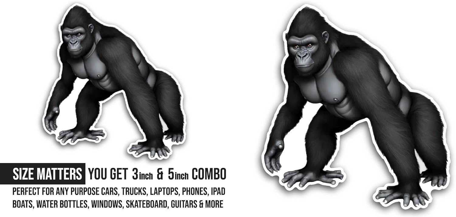 2 (Pieces) 3" and 5" Black Gorilla Sticker, Waterproof Vinyl Decals for Many Purpose Like Cars, Trucks, Laptops, Phones, Windows and More