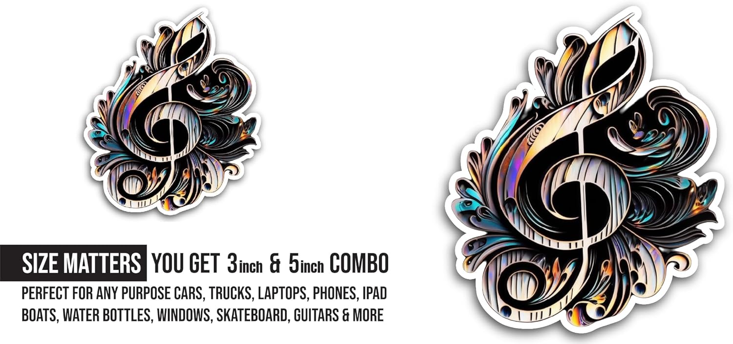 2 (Pieces) 3" and 5" Music Notes Sticker, Waterproof Vinyl Decals for Many Purpose Like Cars, Trucks, Laptops, Phones, Windows and More