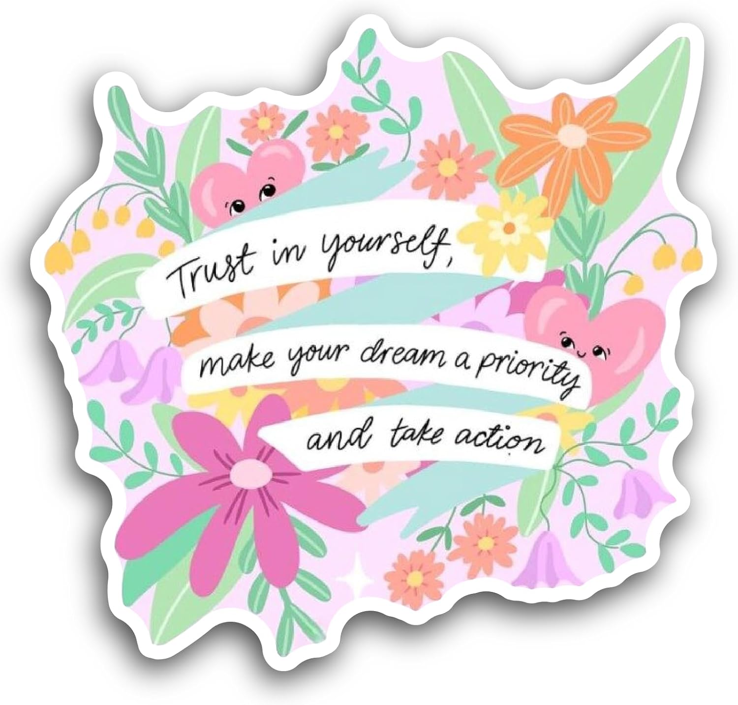 2 (Pieces) 3" and 5" Pink Floral Background Trust in Yourself Text Sticker, Waterproof Vinyl Decals for Many Purpose Like Cars, Trucks, Laptops, Phones, Windows and More