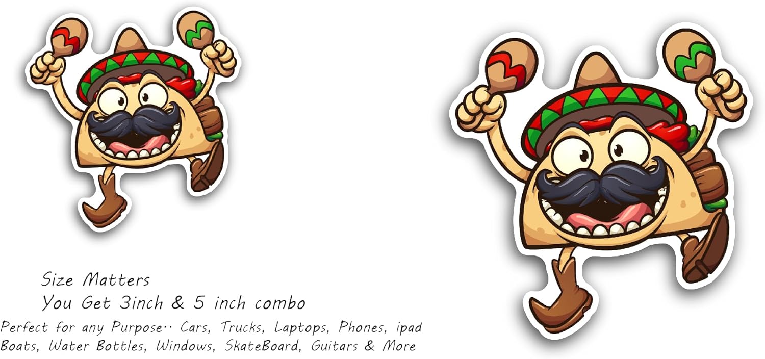 2 (Pieces) 3" and 5" Taco Man Sticker, Waterproof Vinyl Decals for Many Purpose Like Cars, Trucks, Laptops, Phones, Windows and More