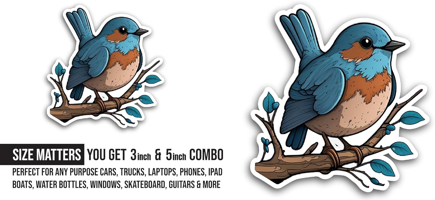 2 (Pieces) 3" and 5" Cute Blue Bird Sticker, Waterproof Vinyl Decals for Many Purpose Like Cars, Trucks, Laptops, Phones, Windows and More