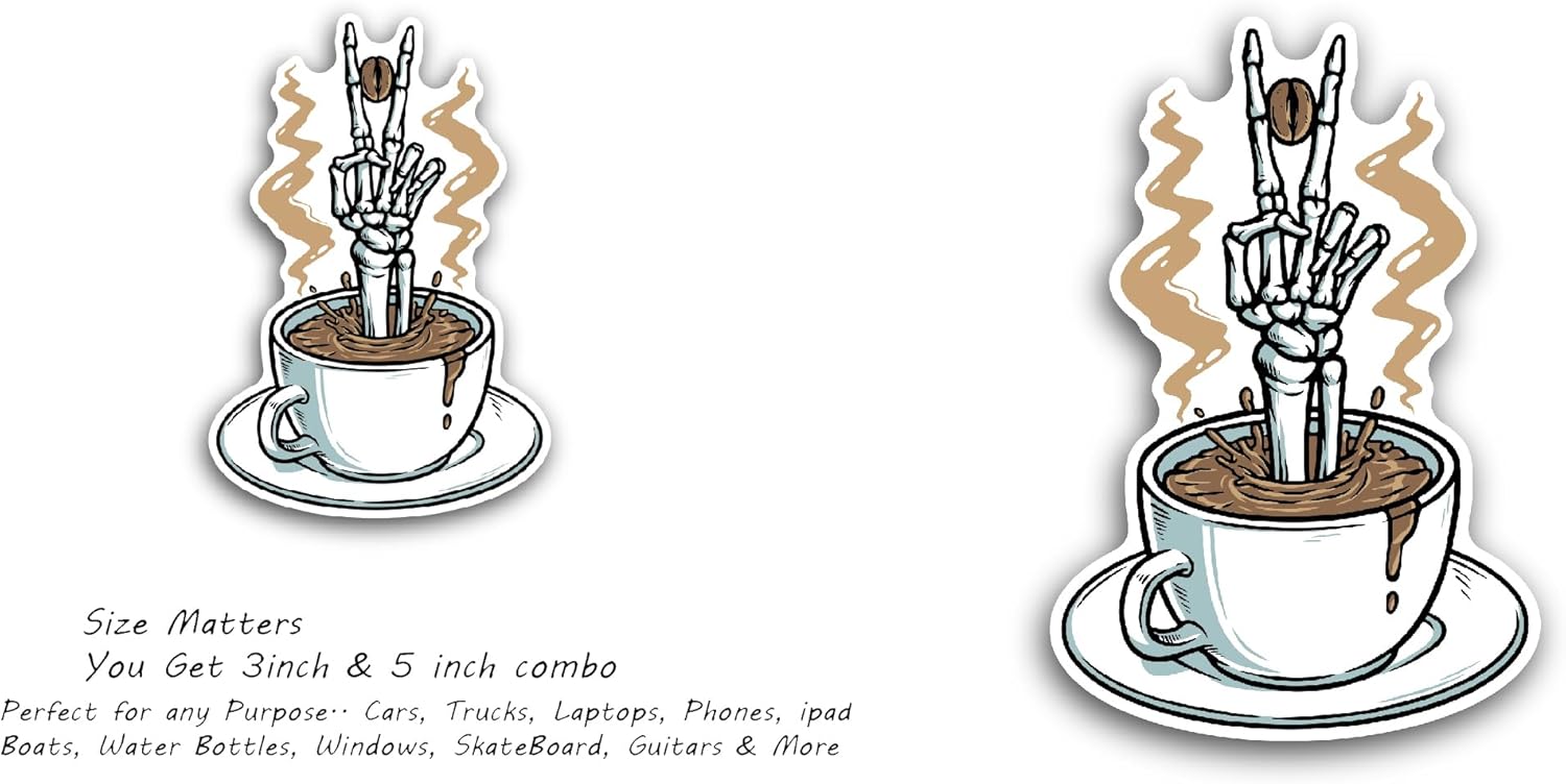 2 (Pieces) 3" and 5" Coffee and Hand Skelton Sticker, Waterproof Vinyl Decals for Many Purpose Like Cars, Trucks, Laptops, Phones, Windows and More