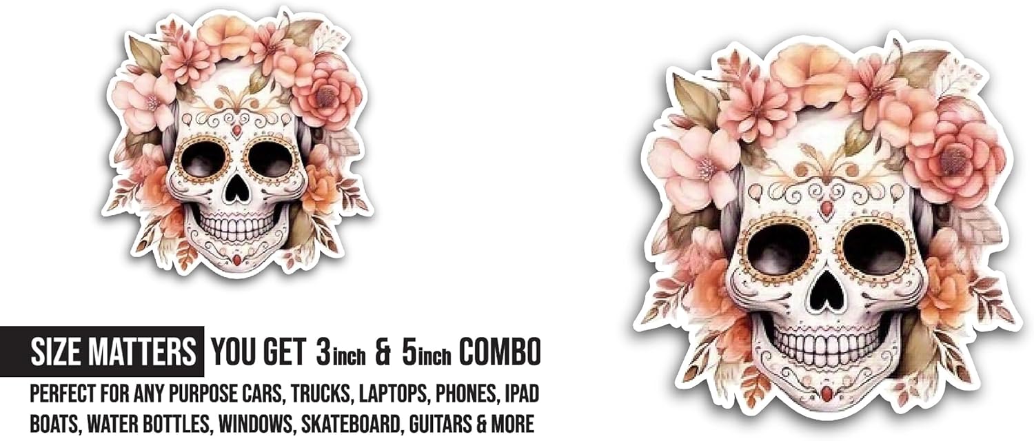 2 (Pieces) 3" and 5" Skull and Flowers Sticker, Waterproof Vinyl Decals for Many Purpose Like Cars, Trucks, Laptops, Phones, Windows and More