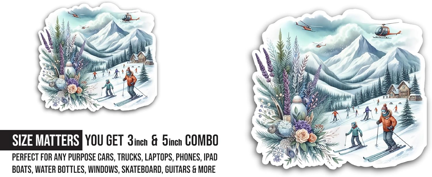 2 (Pieces) 3" and 5" Skiing in Mountains Sticker, Waterproof Vinyl Decals for Many Purpose Like Cars, Trucks, Laptops, Phones, Windows and More