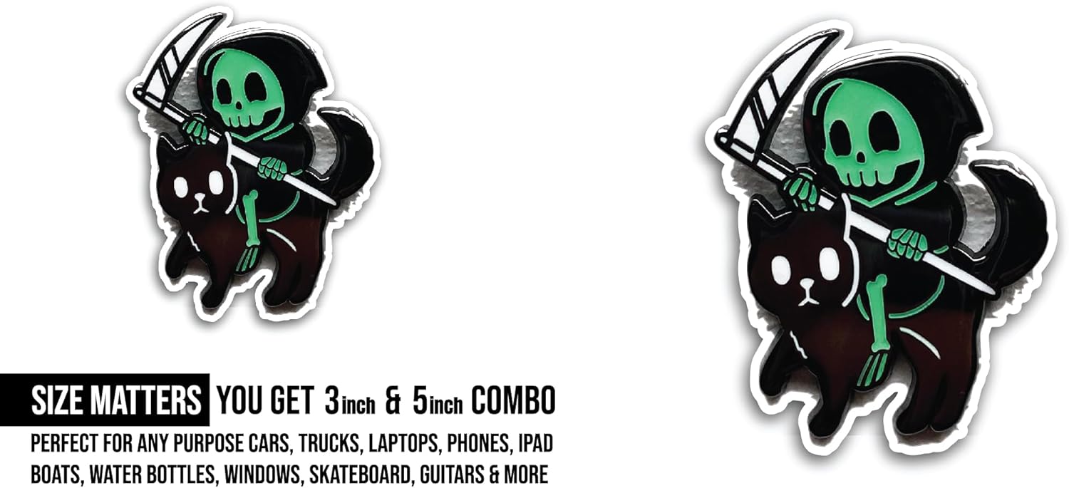 2 (Pieces) 3" and 5" Grim Reaper with Cat Sticker, Waterproof Vinyl Decals for Many Purpose Like Cars, Trucks, Laptops, Phones, Windows and More