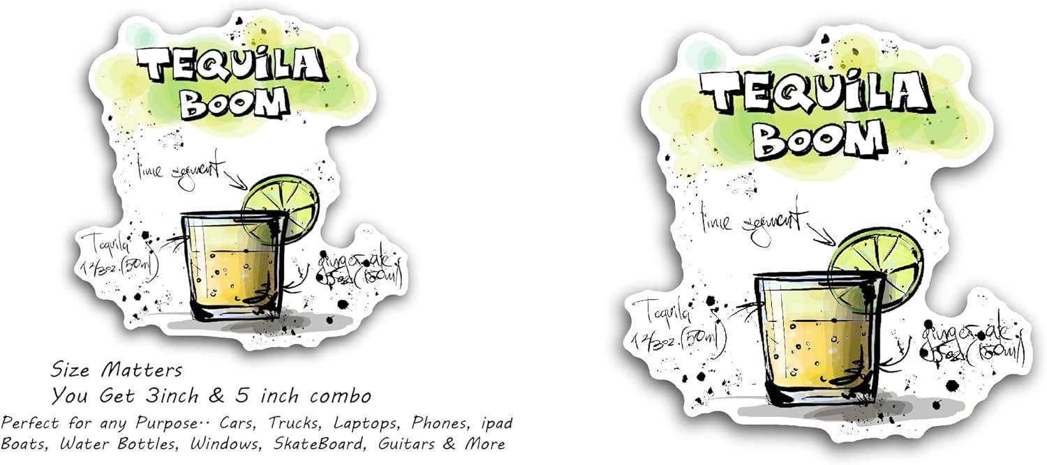 2 (Pieces) 3" and 5" Boom Tequila Cocktail Drink Sticker, Waterproof Vinyl Decals for Many Purpose Like Cars, Trucks, Laptops, Phones, Windows and More