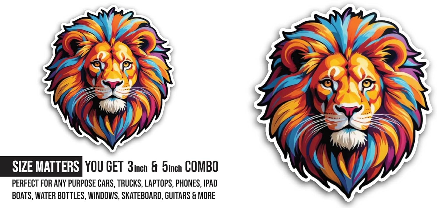 2 (Pieces) 3" and 5" Bright Colorful Lion Head Sticker, Waterproof Vinyl Decals for Many Purpose Like Cars, Trucks, Laptops, Phones, Windows and More