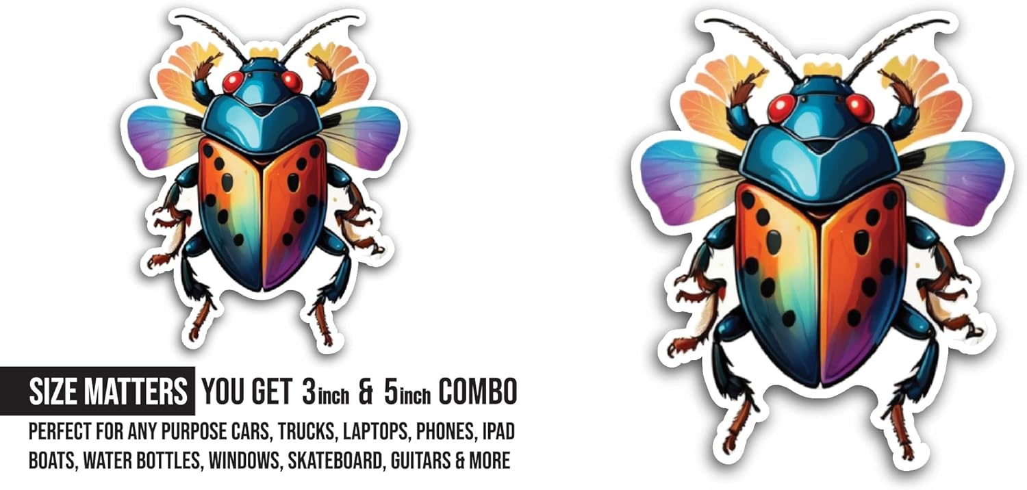 2 (Pieces) 3" and 5" Colorful Bug Sticker, Waterproof Vinyl Decals for Many Purpose Like Cars, Trucks, Laptops, Phones, Windows and More