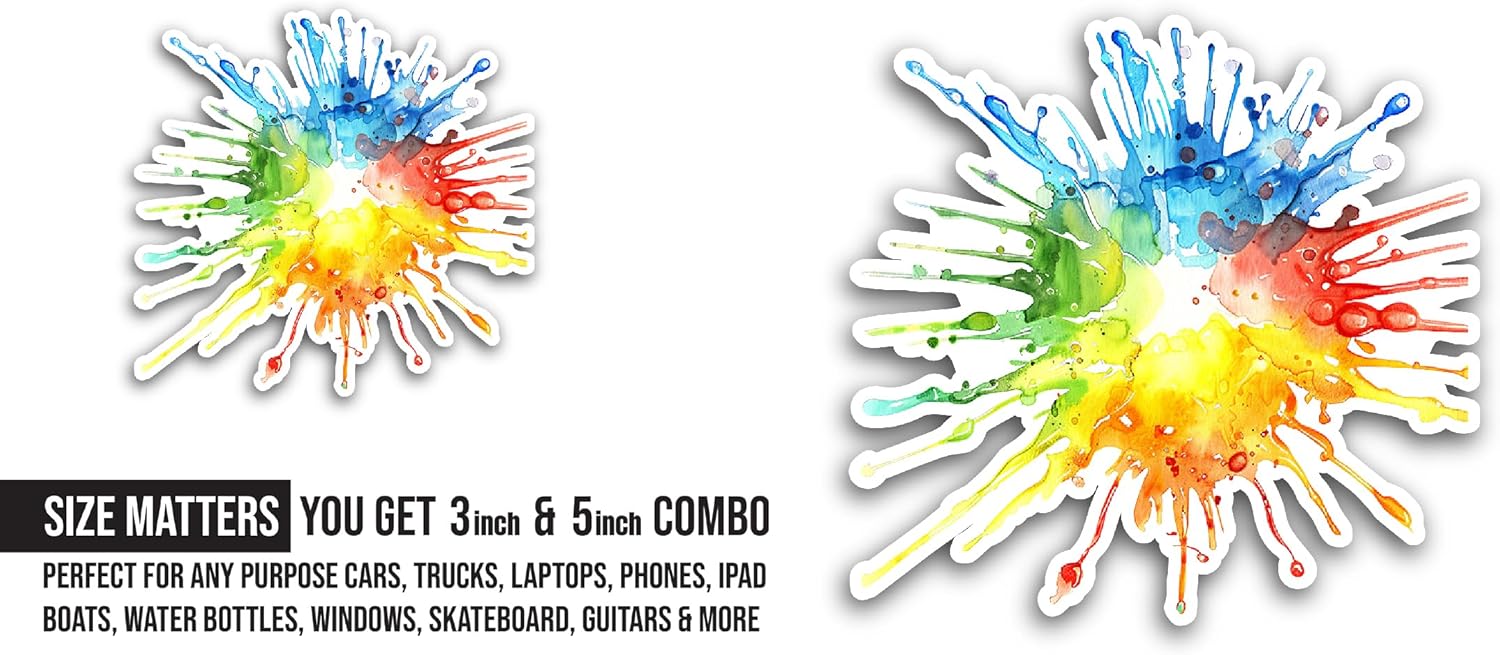 2 (Pieces) 3" and 5" Rainbow Colored Splash Sticker, Waterproof Vinyl Decals for Many Purpose Like Cars, Trucks, Laptops, Phones, Windows and More
