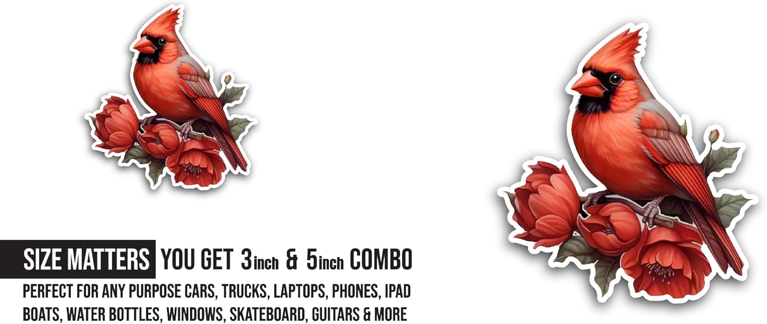 2 (Pieces) 3" and 5" Red Bird Sticker, Waterproof Vinyl Decals for Many Purpose Like Cars, Trucks, Laptops, Phones, Windows and More