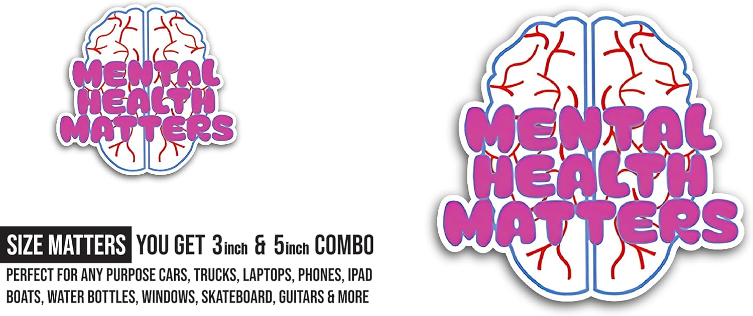 2 (Pieces) 3" and 5" Mental Health Matters Text with Brain Sticker, Waterproof Vinyl Decals for Many Purpose Like Cars, Trucks, Laptops, Phones, Windows and More