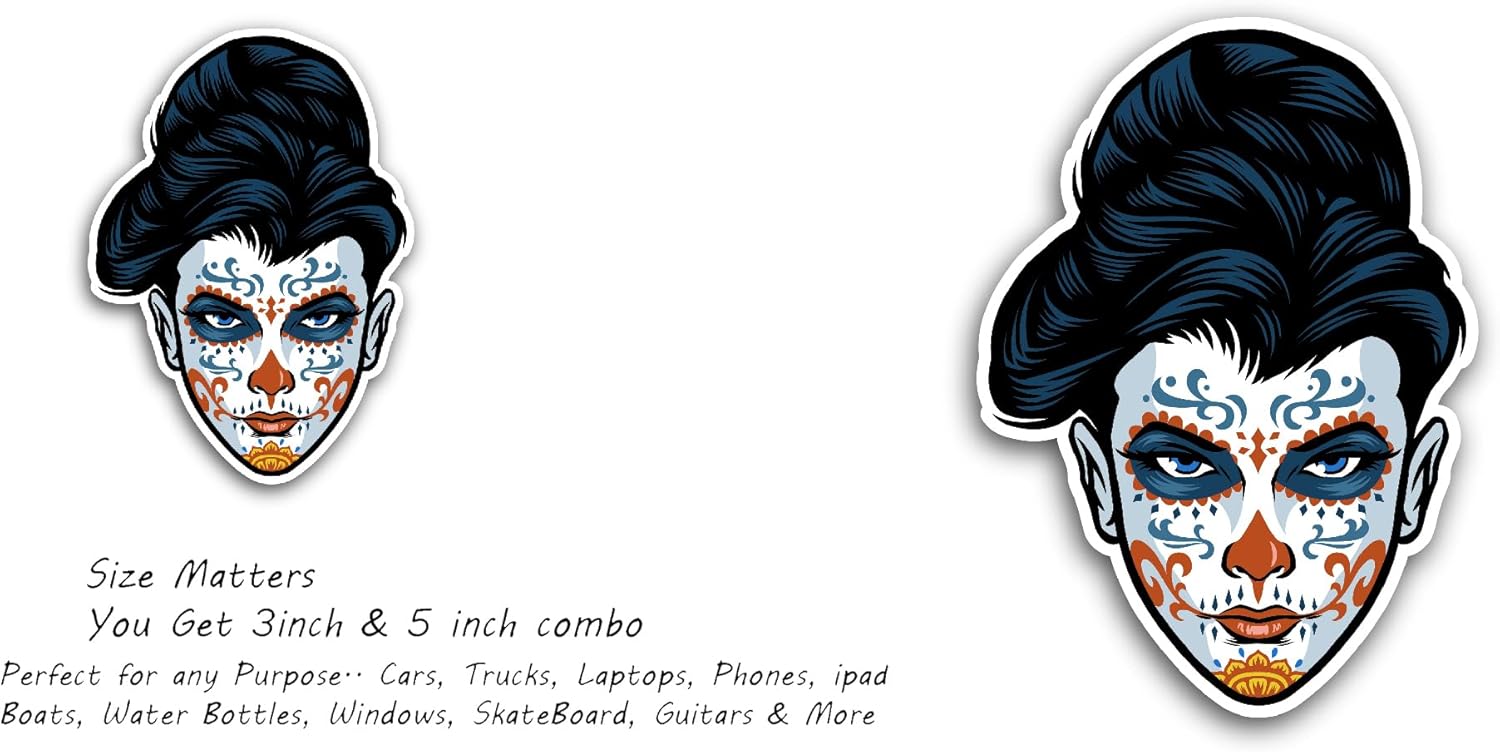 2 (Pieces) 3" and 5" Sugar Skull Woman Sticker, Waterproof Vinyl Decals for Many Purpose Like Cars, Trucks, Laptops, Phones, Windows and More