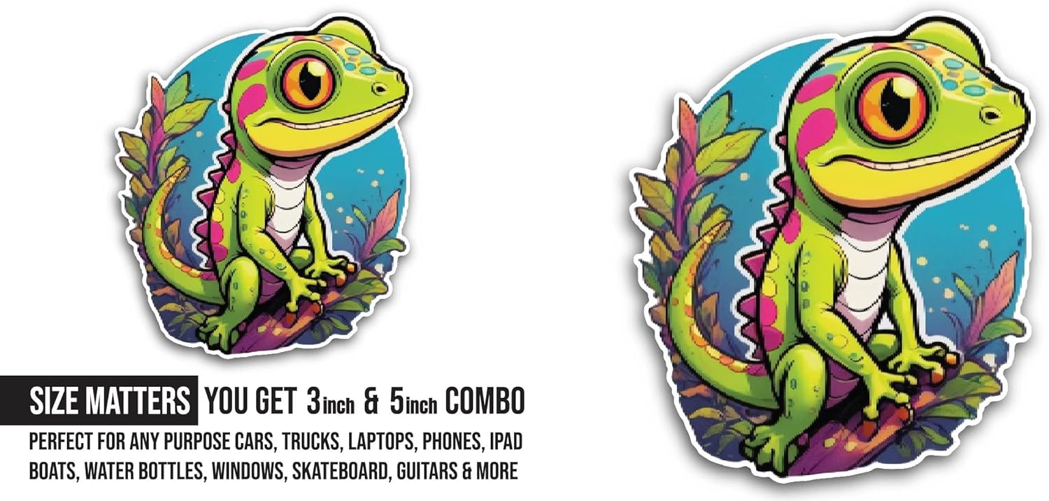 2 (Pieces) 3" and 5" Cute Gecko Sticker, Waterproof Vinyl Decals for Many Purpose Like Cars, Trucks, Laptops, Phones, Windows and More