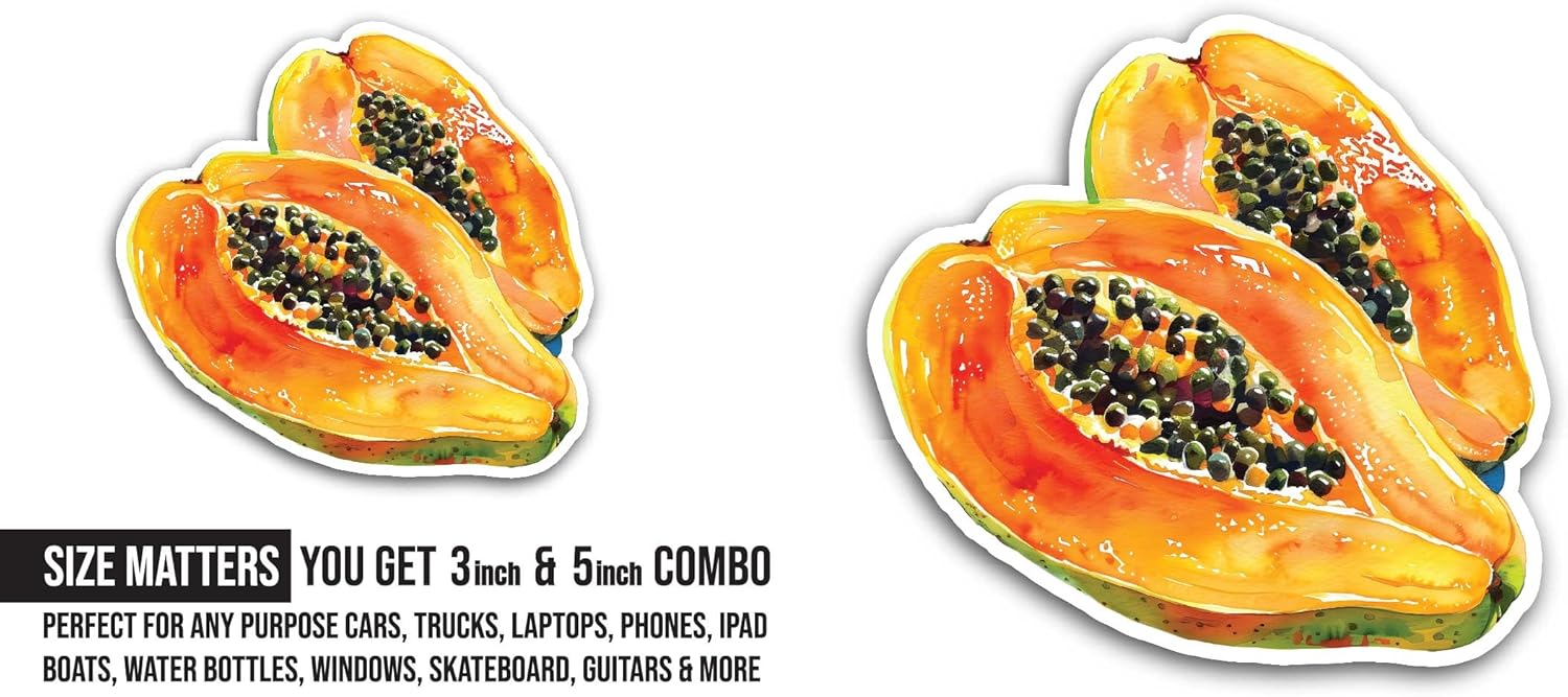 2 (Pieces) 3" and 5" Papaya Sticker, Waterproof Vinyl Decals for Many Purpose Like Cars, Trucks, Laptops, Phones, Windows and More