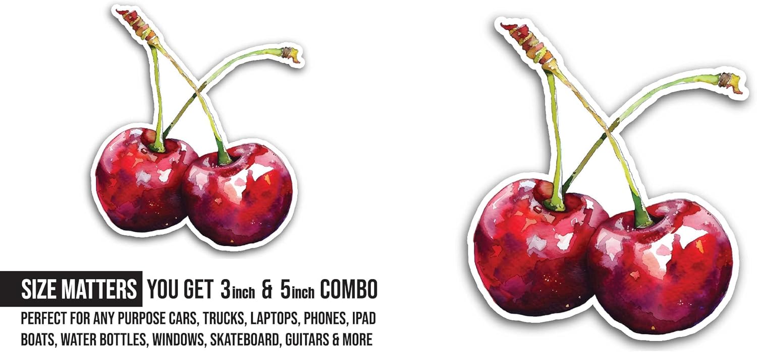 2 (Pieces) 3" and 5" Cherry Sticker, Waterproof Vinyl Decals for Many Purpose Like Cars, Trucks, Laptops, Phones, Windows and More