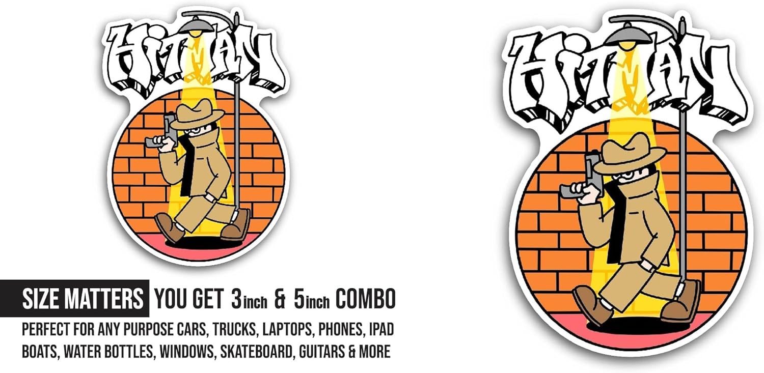 2 (Pieces) 3" and 5" Hitman Text Sticker, Waterproof Vinyl Decals for Many Purpose Like Cars, Trucks, Laptops, Phones, Windows and More