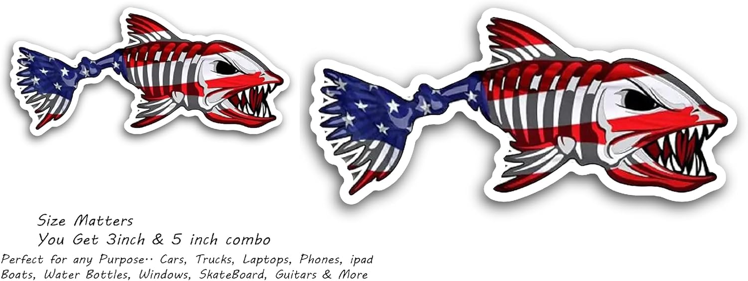 2 (Pieces) 3" and 5" Angry Fish in American Flag Decal Sticker, Waterproof Vinyl Decals for Many Purpose Like Cars, Trucks, Laptops, Phones, Windows and More