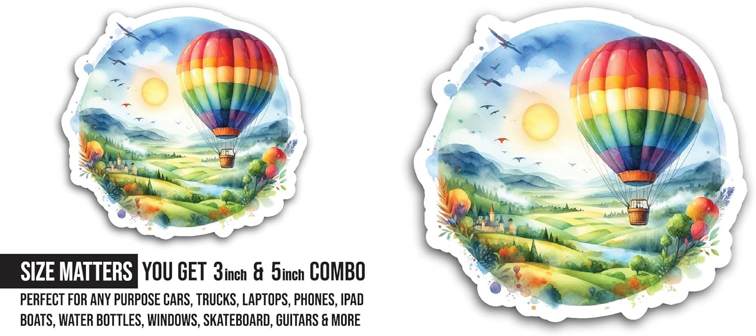 2 (Pieces) 3" and 5" Colorful Hot Air Balloon Sticker, Waterproof Vinyl Decals for Many Purpose Like Cars, Trucks, Laptops, Phones, Windows and More