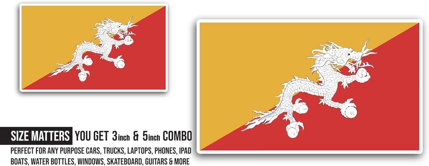 2 (Pieces) 3" and 5" Bhutan Flag Sticker, Waterproof Vinyl Decals for Many Purpose Like Cars, Trucks, Laptops, Phones, Windows and More