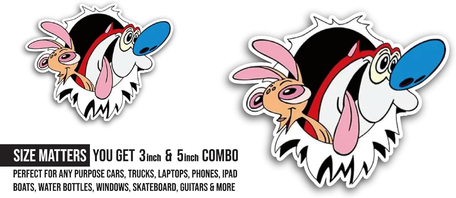 2 (Pieces) 3" and 5" Ren and St1mpy Sticker, Waterproof Vinyl Decals for Many Purpose Like Cars, Trucks, Laptops, Phones, Windows and More