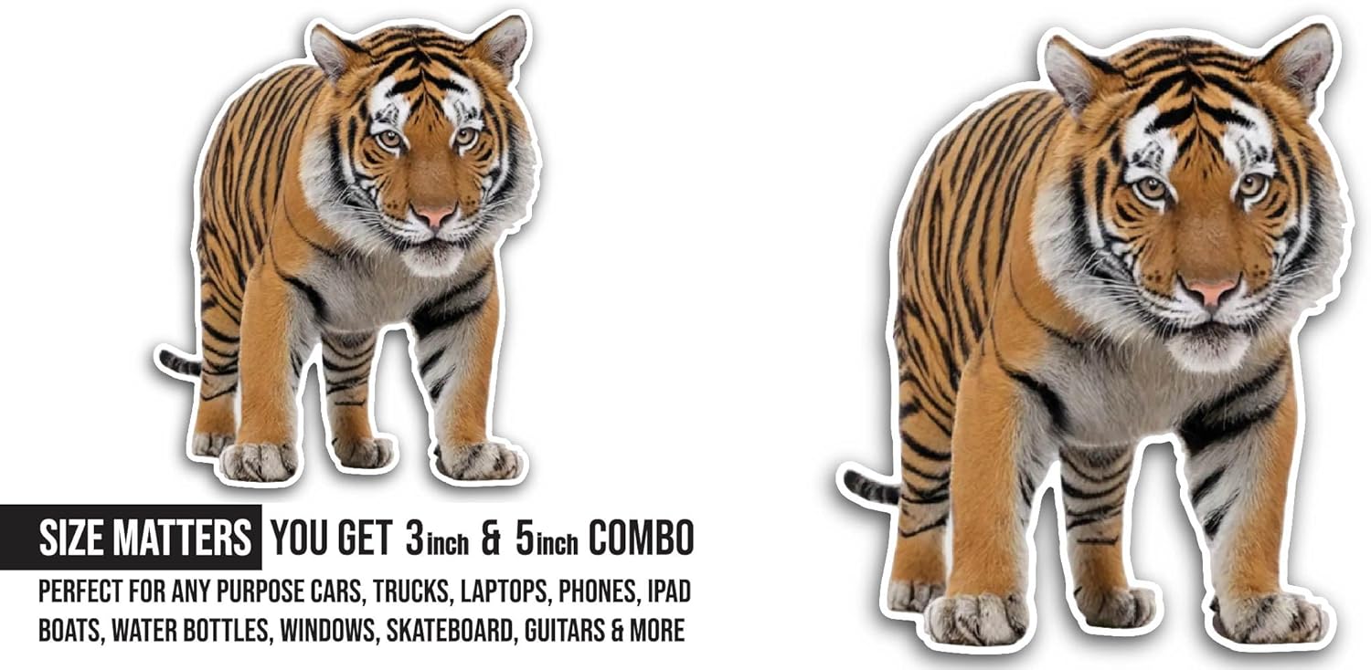 2 (Pieces) 3" and 5" A Tiger On A White Background Sticker, Waterproof Vinyl Decals for Many Purpose Like Cars, Trucks, Laptops, Phones, Windows and More