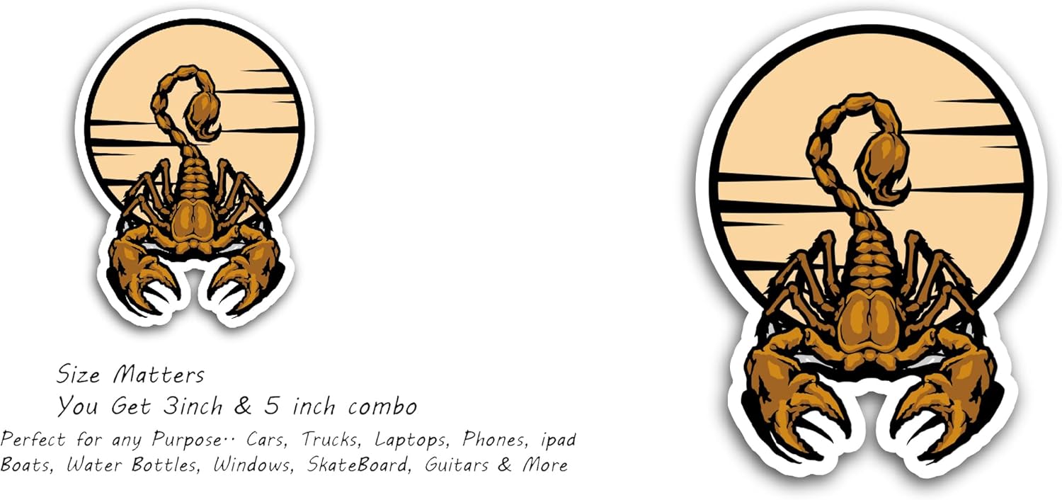 2 (Pieces) 3" and 5" Gold Scorpion Sticker, Waterproof Vinyl Decals for Many Purpose Like Cars, Trucks, Laptops, Phones, Windows and More