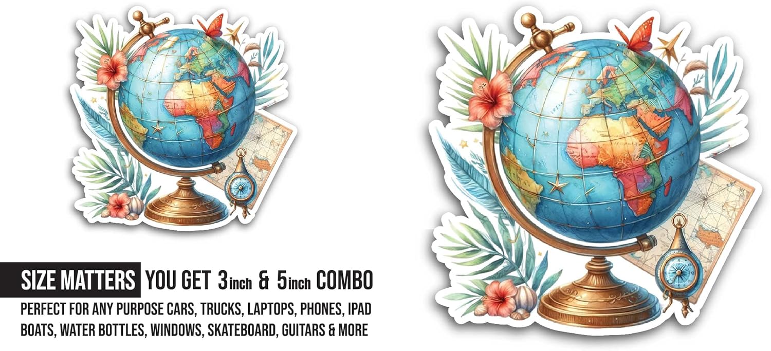 2 (Pieces) 3" and 5" Floral Globe Sticker, Waterproof Vinyl Decals for Many Purpose Like Cars, Trucks, Laptops, Phones, Windows and More