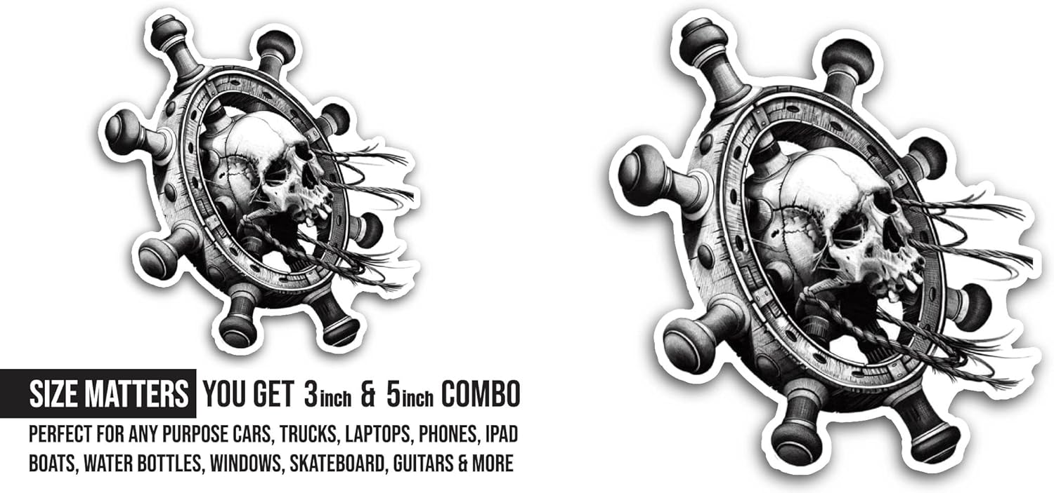 2 (Pieces) 3" and 5" Head Skull and Ship Steering Sticker, Waterproof Vinyl Decals for Many Purpose Like Cars, Trucks, Laptops, Phones, Windows and More