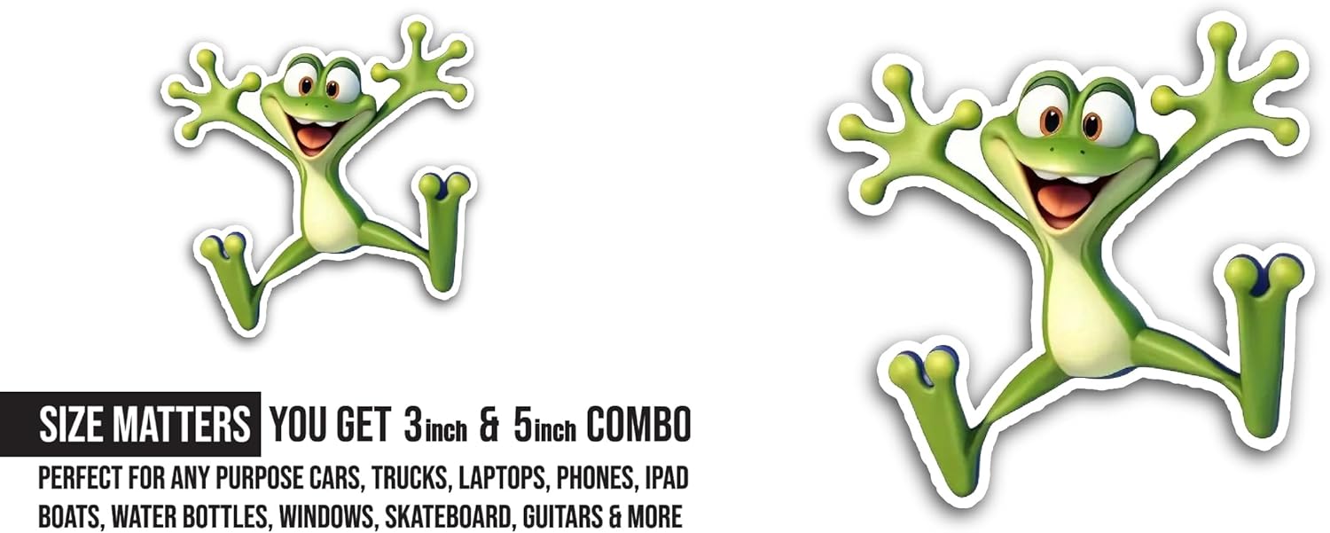 2 (Pieces) 3" and 5" Jumping Green Frog Sticker, Waterproof Vinyl Decals for Many Purpose Like Cars, Trucks, Laptops, Phones, Windows and More