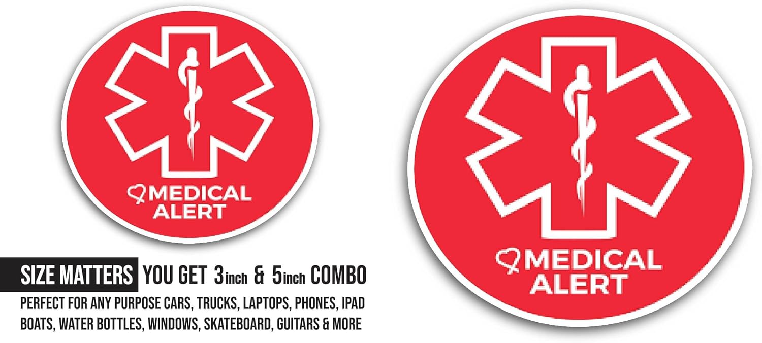 2 (Pieces) 3" and 5" Medical Alert Symbol Sticker, Waterproof Vinyl Decals for Many Purpose Like Cars, Trucks, Laptops, Phones, Windows and More