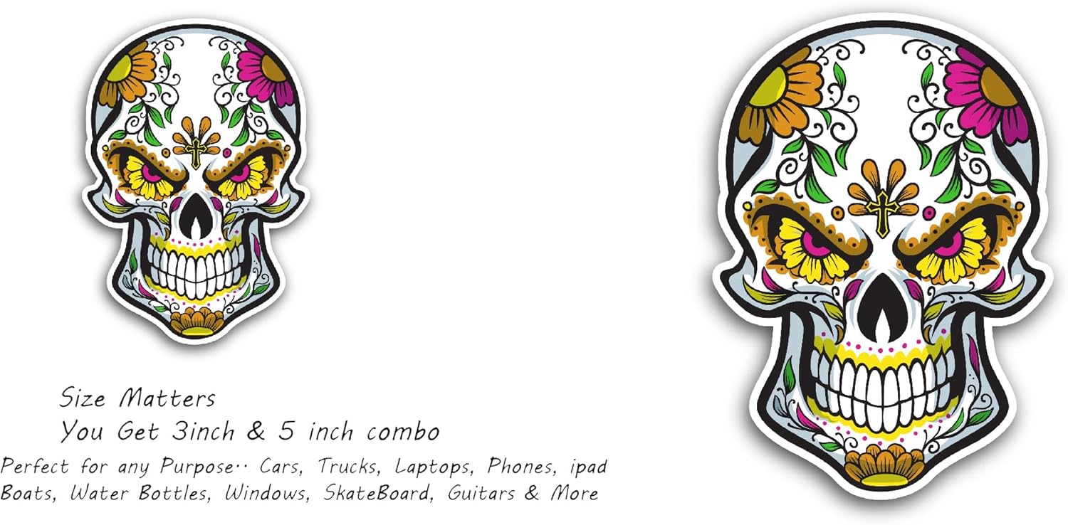 2 (Pieces) 3" and 5" Sugar Skull Vinyl Decals Sticker, Waterproof Vinyl Decals for Many Purpose Like Cars, Trucks, Laptops, Phones, Windows and More