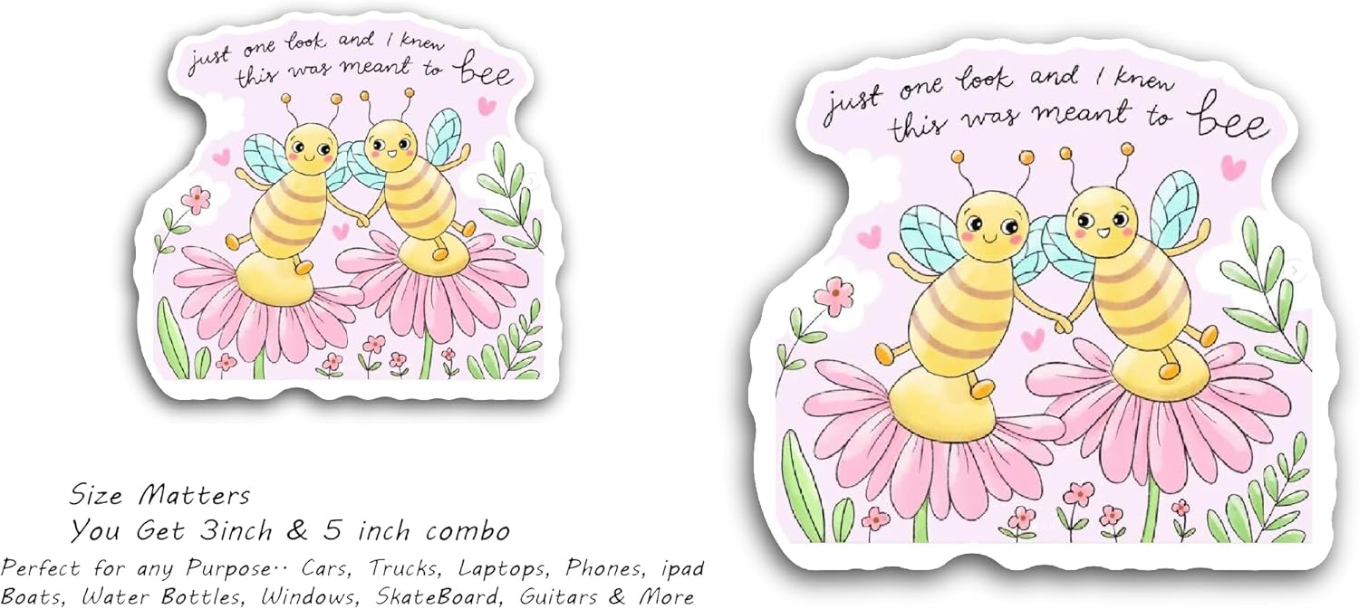2 (Pieces) 3" and 5" Cute Bees and Flowers Sticker, Waterproof Vinyl Decals for Many Purpose Like Cars, Trucks, Laptops, Phones, Windows and More