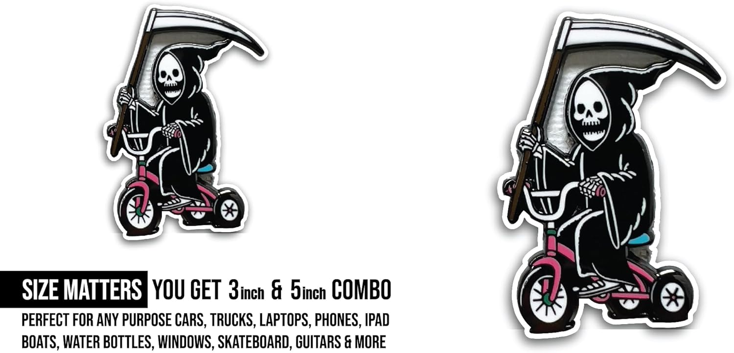 2 (Pieces) 3" and 5" Tricycle Grim Reaper Sticker, Waterproof Vinyl Decals for Many Purpose Like Cars, Trucks, Laptops, Phones, Windows and More